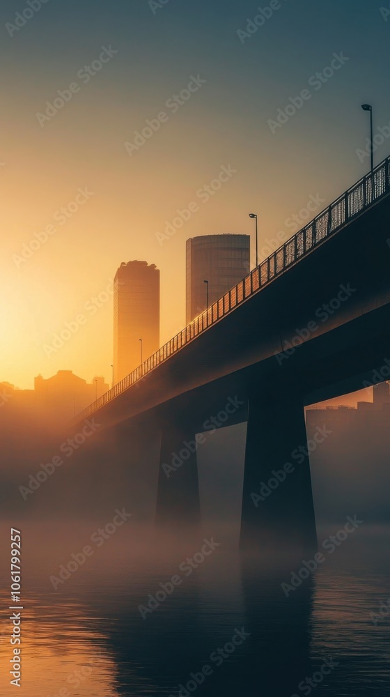 Obraz premium Sunrise view of an iconic bridge over a river with a city skyline shrouded in morning mist and soft golden light