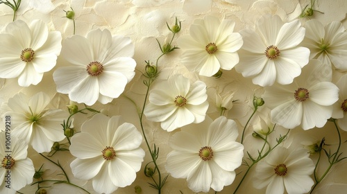 White Cosmos Flowers on Cream Background