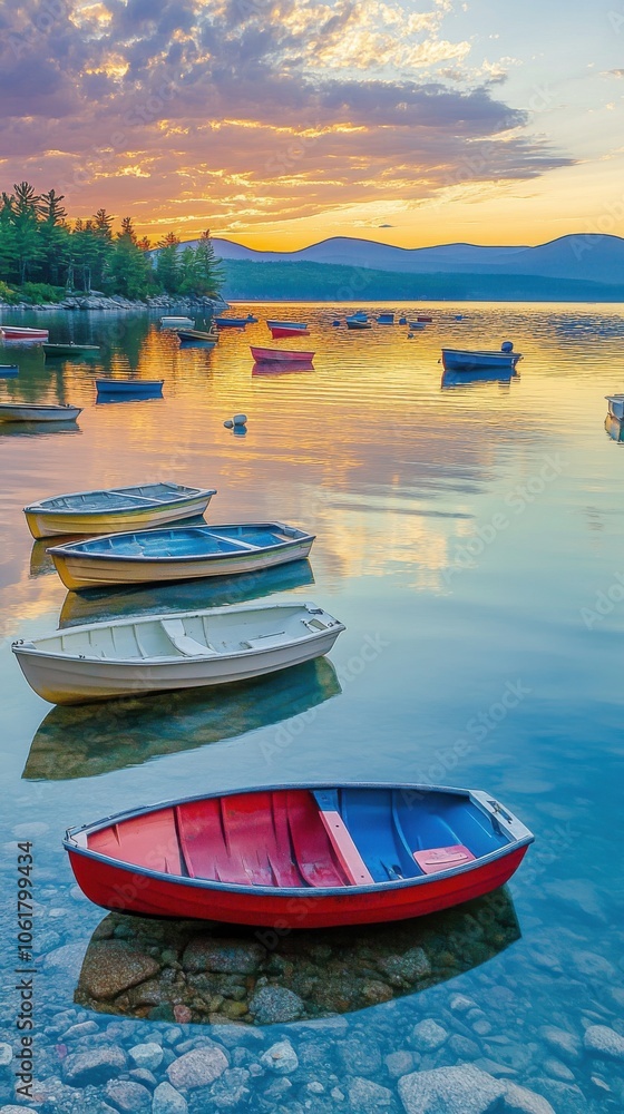 A tranquil evening at Lake Winnipesaukee with colorful boats floating gently in the water as the sun sets behind the mountains