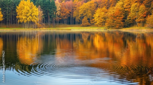 A tranquil lake reflecting the vibrant autumn foliage of surrounding trees during a calm afternoon