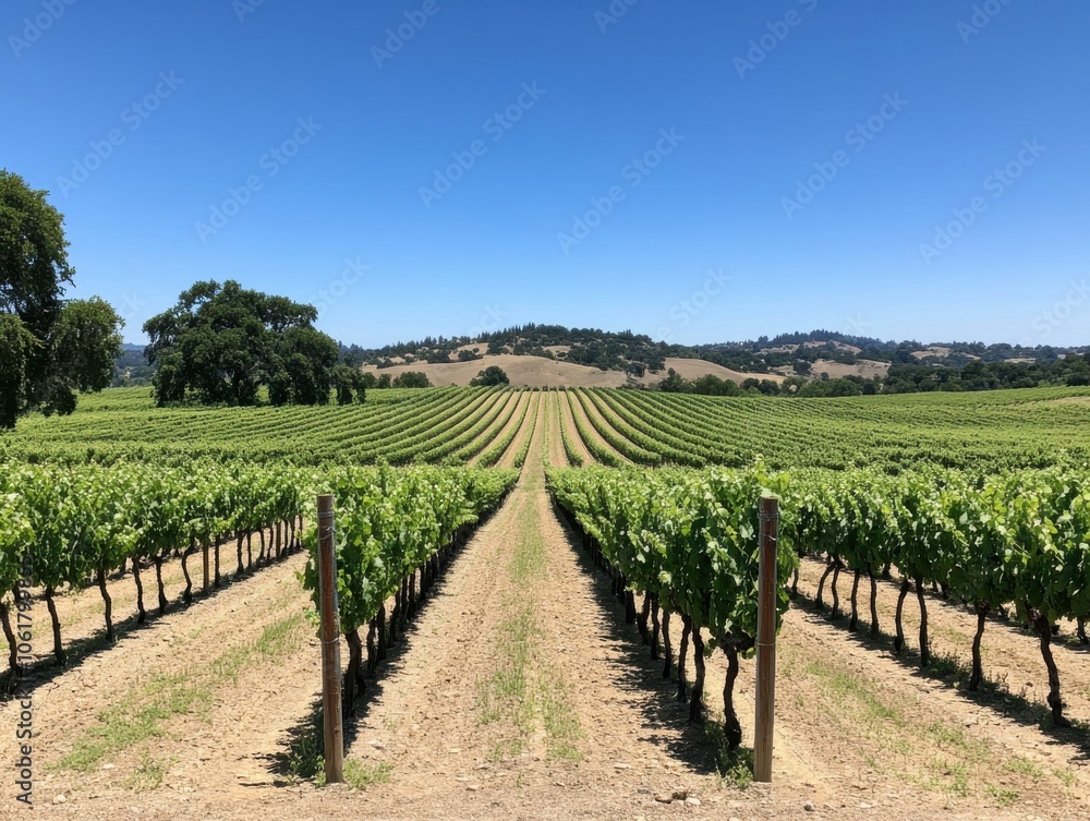 Expansive vineyard showcasing lush grapevines under a clear blue sky in a tranquil rural setting Expansive vineyard showcasing lush grapevines under a clear blue sky in a tranquil rural setting