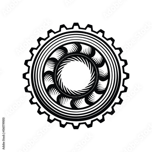 A minimalist, abstract cogwheel rendered in shades of gray, capturing a sense of intricate motion and industrial power.