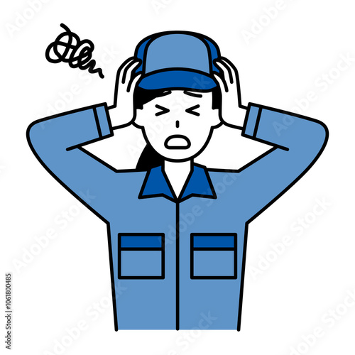 頭を抱えて悩むつなぎ作業服の女性