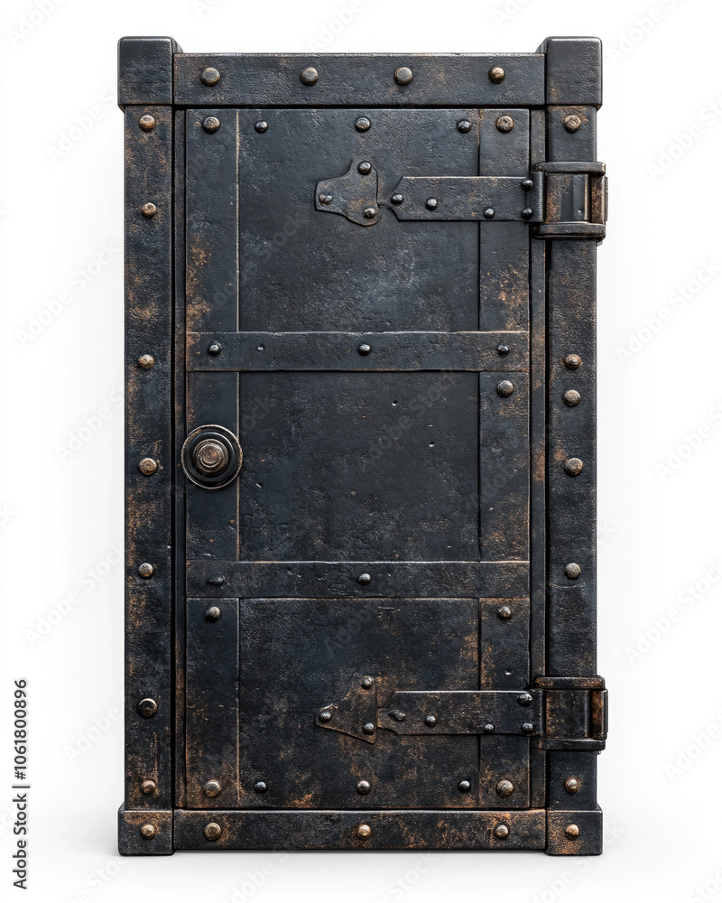 Fototapeta premium Metal door with rivets, isolated on a white background.