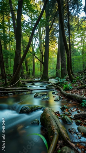 A slow-moving stream winds through a dense forest, the sunlight filtering through the canopy and creating a tranquil atmosphere photo