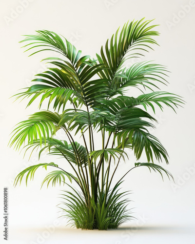 Lush green palm plant on a white isolated background.