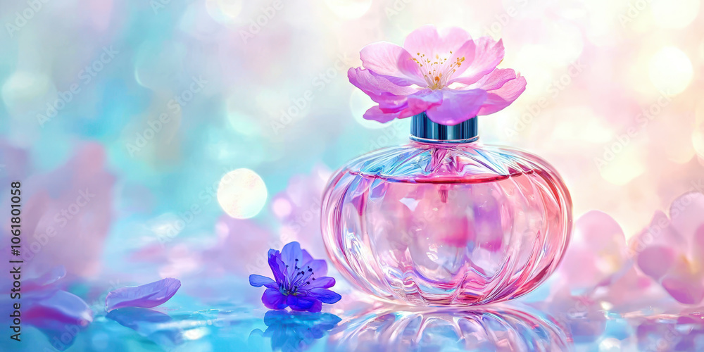 A bottle of perfume is surrounded by pink flowers A bottle of perfume is surrounded by pink flowers