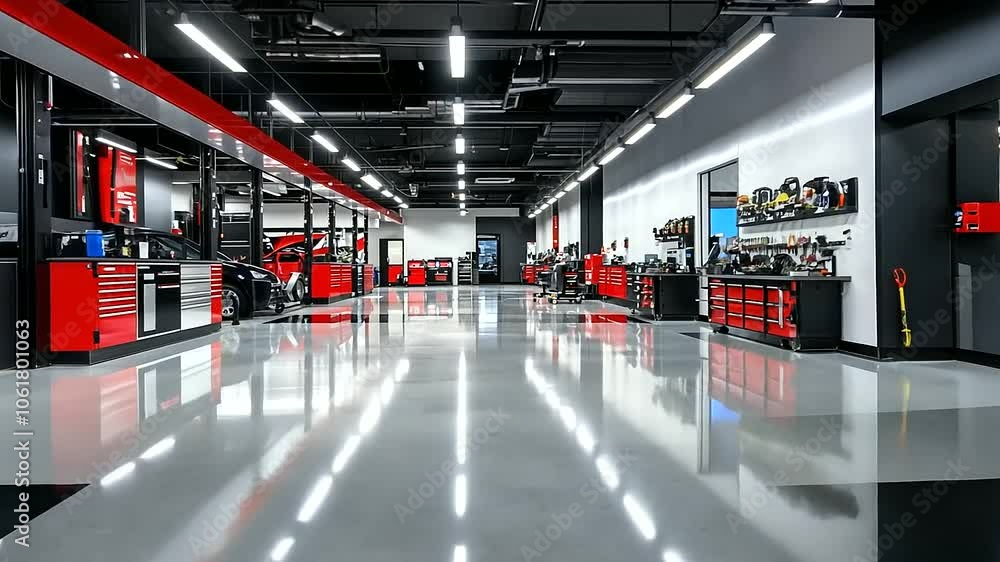 An immaculate repair center inside a dealership, with spacious service bays, clean tool racks, and a sleek An immaculate repair center inside a dealership, with spacious service bays, clean tool racks, and a sleek