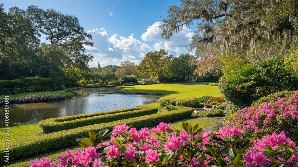 Obraz premium A beautiful spring day in the gardens of Longue featuring vibrant flowers and serene water views