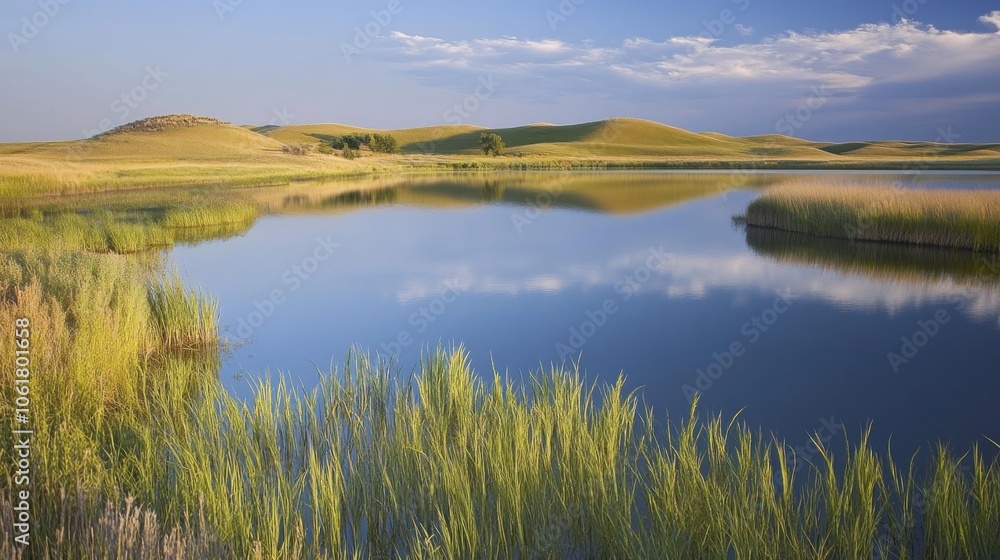 A tranquil sunset view of Sandhills lakes reflecting the skies above in Nebraska's serene natural landscape A tranquil sunset view of Sandhills lakes reflecting the skies above in Nebraska's serene natural landscape