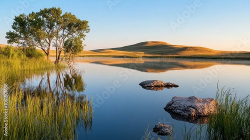 A serene early morning view of Sandhills lakes with gentle reflections and lush grasses alongside tranquil waters