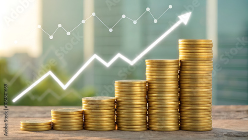 Rising Gold Coins Stacked Against Upward Trend Graph, Symbolic of Financial Growth and Prosperity