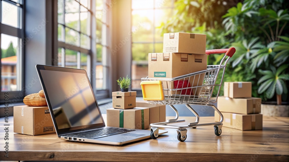 Online Commerce Convenience: A Portrait of E-commerce Simplicity with a Laptop and Cart of Boxes Online Commerce Convenience: A Portrait of E-commerce Simplicity with a Laptop and Cart of Boxes