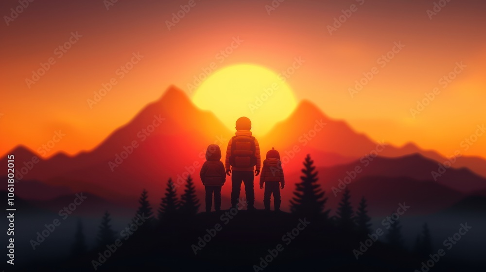 A serene sunset silhouette of three figures standing on a hill, framed by majestic mountains and glowing skies, invoking adventure and tranquility. A serene sunset silhouette of three figures standing on a hill, framed by majestic mountains and glowing skies, invoking adventure and tranquility.