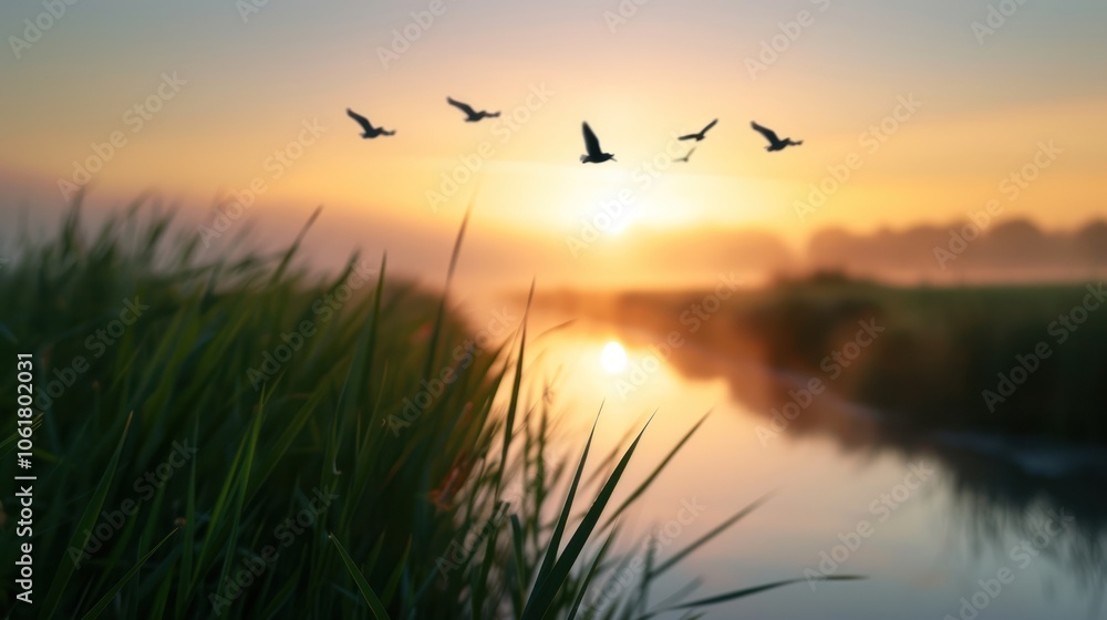 Fototapeta premium A serene sunrise over a tranquil waterway, with birds flying above lush green grass, creating a peaceful natural scene.