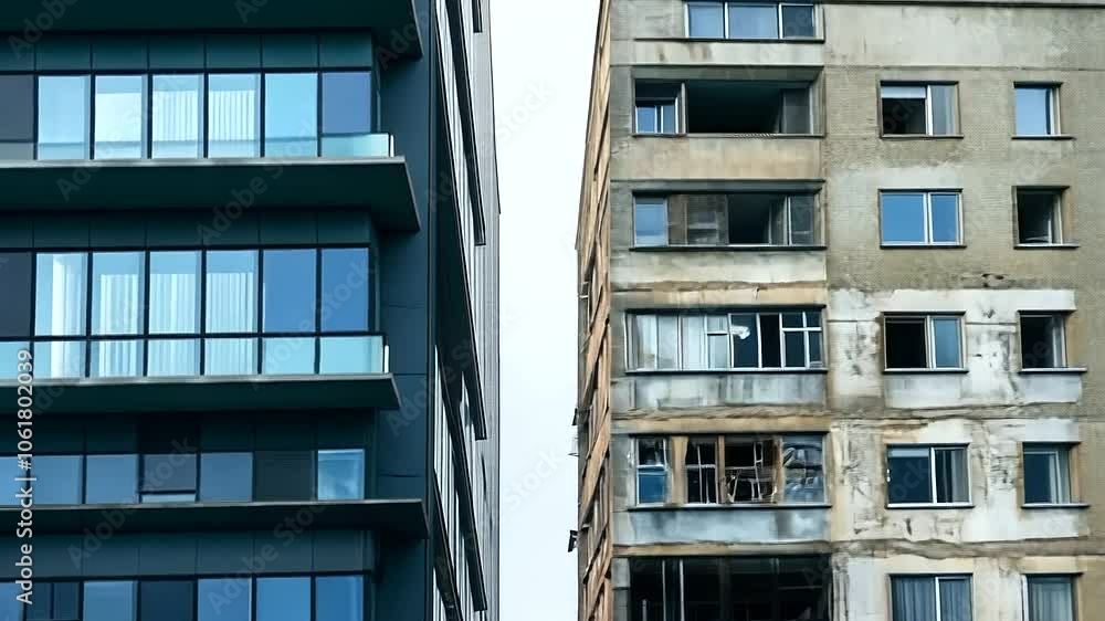 A close-up of two adjacent buildings one a sleek, high-tech condominium with floor-to-ceiling windows A close-up of two adjacent buildings one a sleek, high-tech condominium with floor-to-ceiling windows