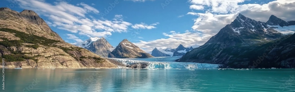 A breathtaking view of icebergs and mountains in Glacier Bay National Park under a clear blue sky A breathtaking view of icebergs and mountains in Glacier Bay National Park under a clear blue sky