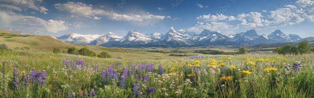 A vibrant mix of wildflowers adorns rolling hills beneath a clear sky, showcasing majestic snow-capped mountains in the distance during early spring A vibrant mix of wildflowers adorns rolling hills beneath a clear sky, showcasing majestic snow-capped mountains in the distance during early spring