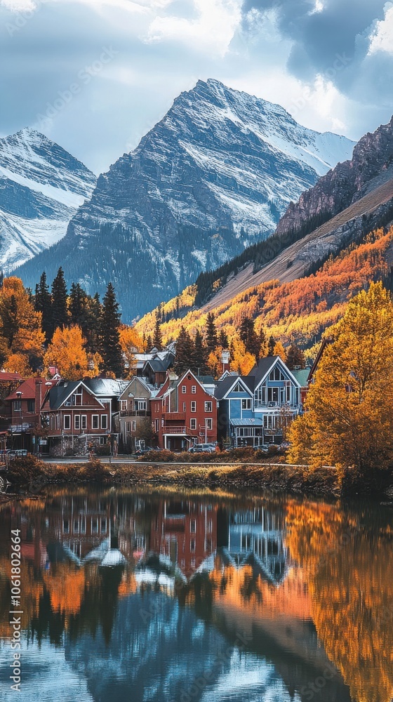 Autumn colors reflect in the tranquil waters of a historic mountain town nestled in the foothills, showcasing charming architecture Autumn colors reflect in the tranquil waters of a historic mountain town nestled in the foothills, showcasing charming architecture