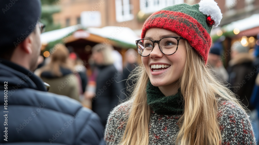 Woman Being Interviewed at a Christmas Fair Woman Being Interviewed at a Christmas Fair