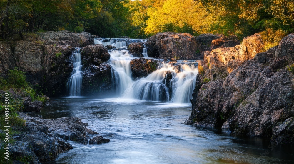 Obraz premium Tranquil Potomac River with cascading waterfalls surrounded by lush greenery during a golden autumn afternoon