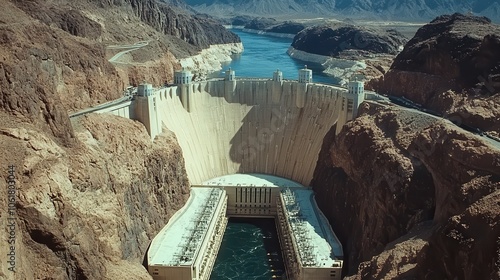 A breathtaking view of the Hoover Dam surrounded by mountains and blue water under clear skies