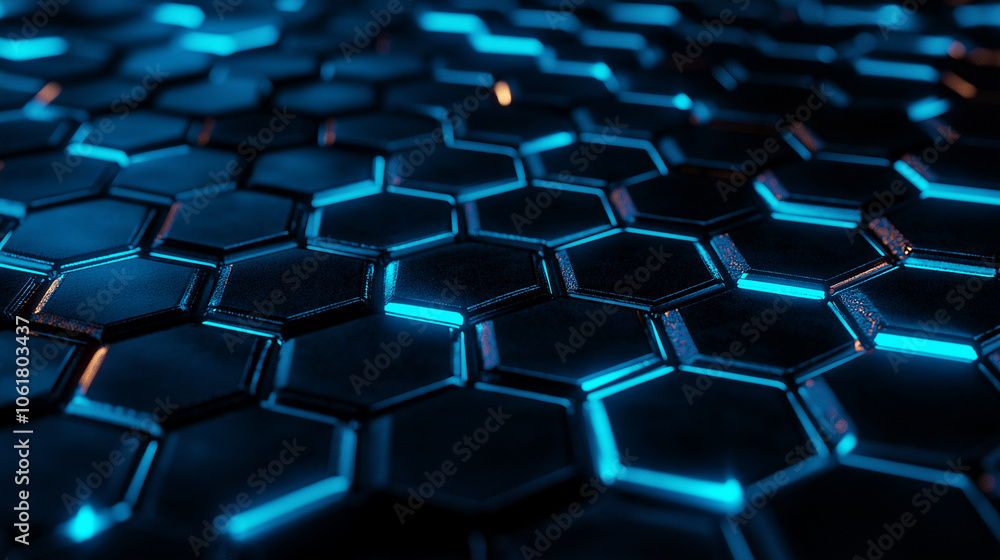 A close-up view of a metallic hexagonal grid pattern, each hexagon's edges glowing with a soft, neon blue light, with subtle reflections and shadows giving the image depth A close-up view of a metallic hexagonal grid pattern, each hexagon's edges glowing with a soft, neon blue light, with subtle reflections and shadows giving the image depth