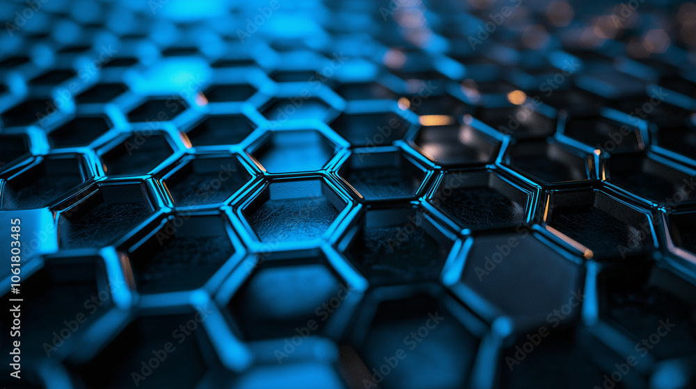 Naklejka premium A close-up view of a metallic hexagonal grid pattern, each hexagon's edges glowing with a soft, neon blue light, with subtle reflections and shadows giving the image depth