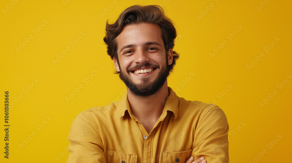 Fototapeta premium A close-up studio shot of a happy young man with a beard, dressed in a casual shirt, with his arms folded and a genuine smile. on a solid yellow background