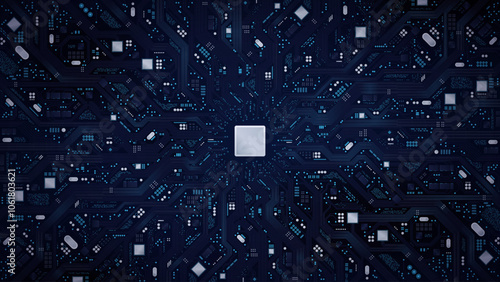 CPU chip on motherboard. Futuristic microchip processor. Technology background. Abstract computer hardware. AI Artificial Intelligence concept. Vector illustration.