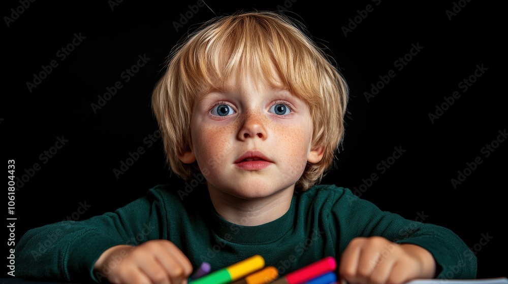 Young Boy with Big Blue Eyes Looking Up with Curiosity Young Boy with Big Blue Eyes Looking Up with Curiosity