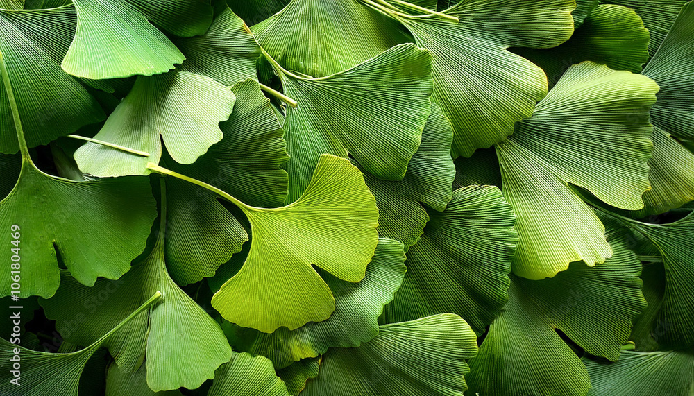 Obraz premium ginkgo biloba green leaf, Creative background design, focus on the pile of fresh ginkgo biloba green leaf