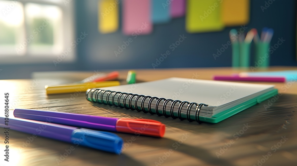 A colorful stationery scene featuring a blank notepad, vibrant markers, and sticky notes, creating a creative workspace atmosphere. A colorful stationery scene featuring a blank notepad, vibrant markers, and sticky notes, creating a creative workspace atmosphere.