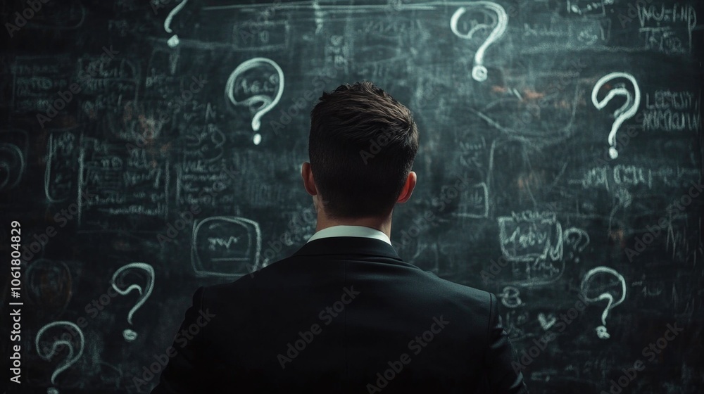 Man in a suit is looking at a chalkboard with many questions on it. The man is deep in thought, possibly trying to solve a problem or answer a question Man in a suit is looking at a chalkboard with many questions on it. The man is deep in thought, possibly trying to solve a problem or answer a question