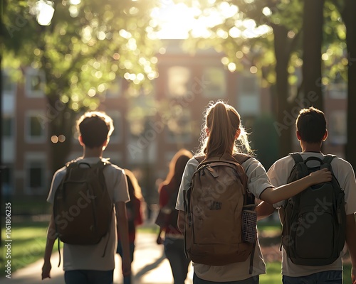 A group of students walking together through a sunlit campus, carrying backpacks and enjoying their time outdoors.