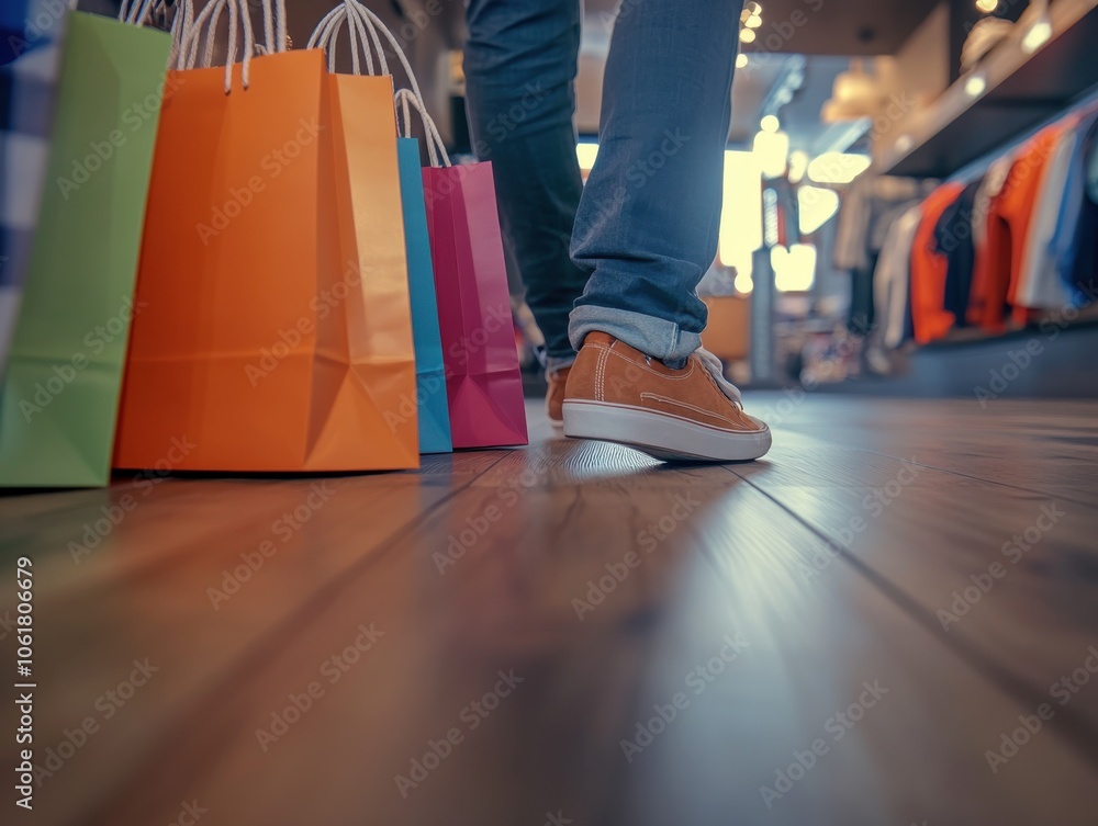 Obraz premium A close-up view of colorful shopping bags on the floor in a vibrant retail store with stylish clothing displayed on racks