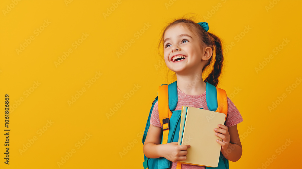 A cheerful young student wearing a colorful school backpack, holding a book and smiling brightly. The child is set against a solid background A cheerful young student wearing a colorful school backpack, holding a book and smiling brightly. The child is set against a solid background