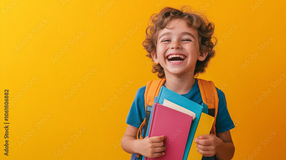 A cheerful young student wearing a colorful school backpack, holding a book and smiling brightly. The child is set against a solid background A cheerful young student wearing a colorful school backpack, holding a book and smiling brightly. The child is set against a solid background