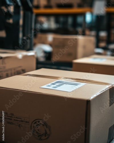 Close-up of a shipping label being carefully attached to a cardboard box in a busy warehouse setting during daytime operations photo