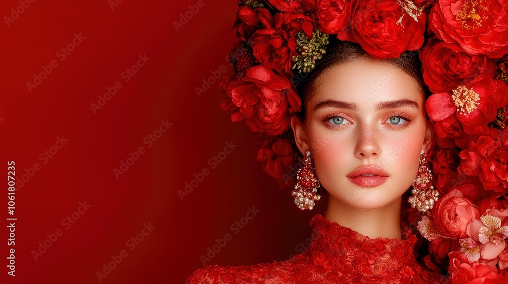 Beautiful Woman with Red Flowers in Her Hair Beautiful Woman with Red Flowers in Her Hair