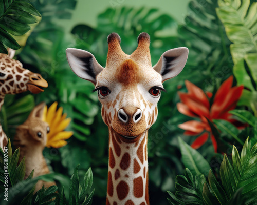 A detailed depiction of a giraffe surrounded by lush green foliage and vibrant flowers, showcasing its unique features in a playful, colorful setting. photo