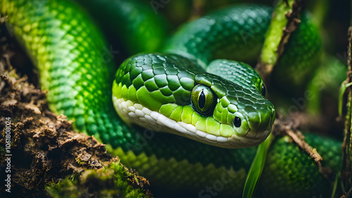 A green snake with a black head and green eyes