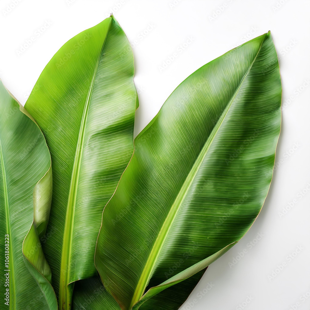 Fototapeta premium Green fresh banana leaves on side position provides copy space for text. background concept isolated white.