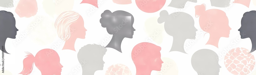Seamless Women's Day banner with silhouettes of different female faces, in pink and grey colors on a white background Seamless Women's Day banner with silhouettes of different female faces, in pink and grey colors on a white background