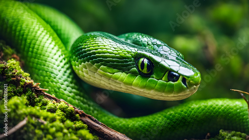 A green snake is on a mossy log