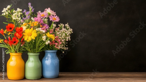 Wallpaper Mural Colorful Wildflowers in Vases on Rustic Wooden Table Against Dark Background Torontodigital.ca