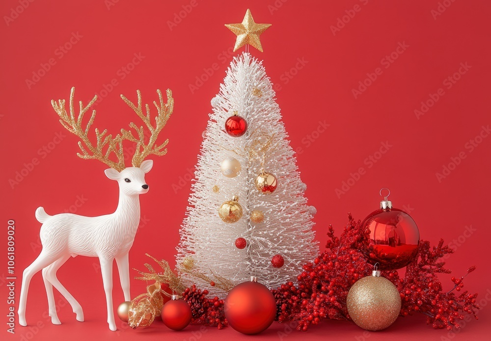 3D paper art-style Christmas background with a white and gold Christmas tree, deer hanging golden balls on a red wall, Happy New Year, Merry Christmas 3D paper art-style Christmas background with a white and gold Christmas tree, deer hanging golden balls on a red wall, Happy New Year, Merry Christmas