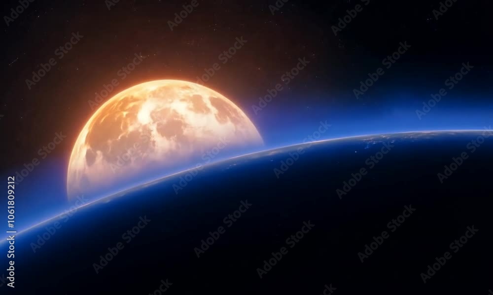 Stunning view of a glowing full moon rising over Earth’s horizon with vibrant colors and atmospheric glow Stunning view of a glowing full moon rising over Earth’s horizon with vibrant colors and atmospheric glow