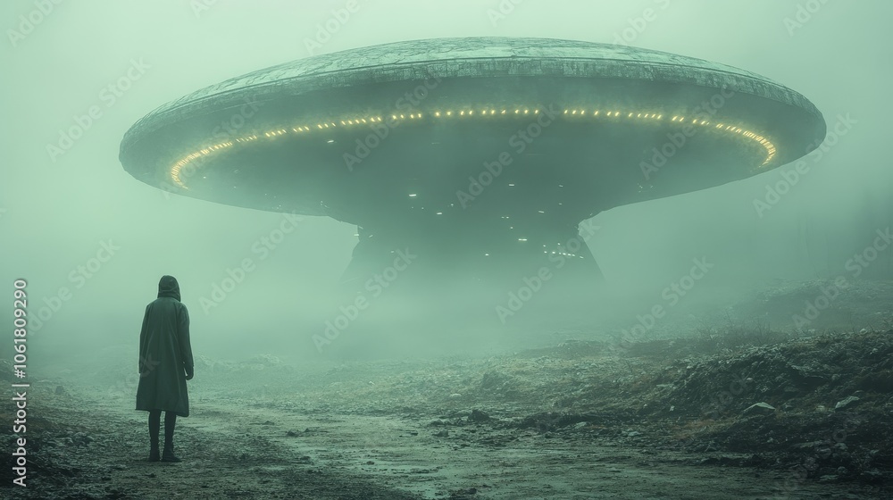 A man stands in front of a large, alien-like object A man stands in front of a large, alien-like object