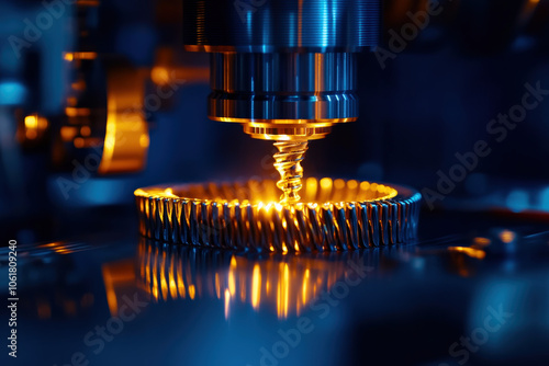 A close-up of precision machining, featuring a glowing tool interacting with a metallic gear, showcasing advanced manufacturing technology in an industrial environment.